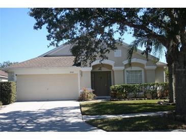 Charming single-story home featuring a well-manicured lawn and attached two-car garage at 5532 War Admiral Dr, Wesley Chapel, FL 33544