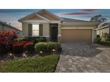 One-story house with tan siding, brown accents, and a two-car garage at 6230 Plover Meadow St, Lithia, FL 33547