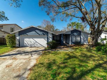 Ranch style home with 2-car garage, mature landscaping, and a large yard at 15716 Country Lake Dr, Tampa, FL 33624