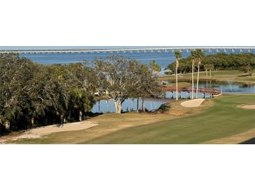 Scenic golf course view featuring lush green grass, a pond with a fountain, and a bridge overlooking the water at 3300 Cove Cay Dr # 6G, Clearwater, FL 33760