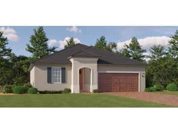 One-story home with a dark brown roof, light beige walls, and a wooden garage door at 9760 Minnow Ray Dr, Land O Lakes, FL 34638