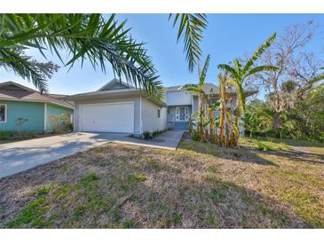 Light blue house with a white garage door and walkway at 1016 Teal Pointe, Tarpon Springs, FL 34689