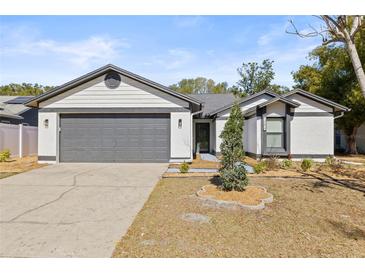 Newly renovated single-story home with gray garage doors and landscaping at 1741 Spinning Wheel Dr, Lutz, FL 33559