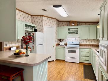 Eat-in kitchen with light green cabinets and wood flooring at 8326 Fantasia Park Way, Riverview, FL 33578