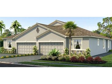 Two-story house with a three-car garage, landscaping, and palm trees at 32688 Rustic Rise Rd, San Antonio, FL 33576