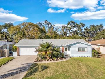 Charming single-story home with manicured lawn and fresh landscaping, with a light-blue exterior and an attached garage at 2555 68Th S Ave, St Petersburg, FL 33712