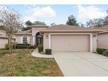 Tan house with a two-car garage and well-manicured lawn at 6538 Green Acres Blvd, New Port Richey, FL 34655