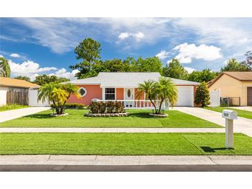 Cute Florida ranch home with a newly landscaped lawn and updated exterior at 8807 Oak Cir, Tampa, FL 33615