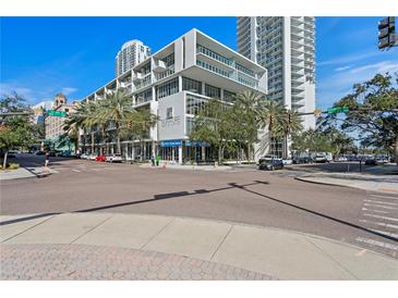 Modern building exterior, located at a city intersection, with ample parking at 145 2Nd S Ave # 523, St Petersburg, FL 33701