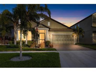 Beautiful 1-story home with screened porch, palm trees, and landscaped yard at 13634 Ashlar Slate Pl, Riverview, FL 33579