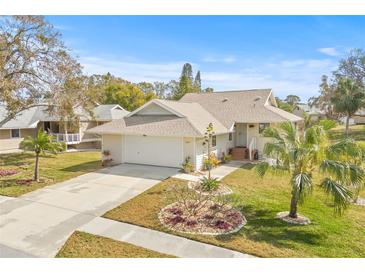 Charming single-story home featuring a well-manicured lawn, flowering shrubbery and a two-car garage at 1007 Lake Avoca Dr, Tarpon Springs, FL 34689