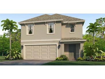 Charming two-story home with a garage, neutral stucco exterior, manicured lawn, and tropical landscaping at 2955 Rock Sound St, Bradenton, FL 34208