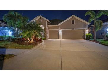 Charming two-car garage home featuring a manicured lawn with tropical landscaping and inviting lighting at night at 7432 Paradiso Dr, Apollo Beach, FL 33572