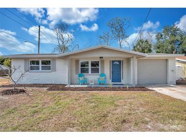 Charming, updated single-story home featuring a bright blue front door, fresh paint, and a well-maintained front lawn at 11005 Tyler Dr, Port Richey, FL 34668