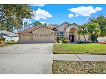 Beautiful two-story home with a three-car garage and well-manicured lawn at 17112 Downs Dr, Odessa, FL 33556