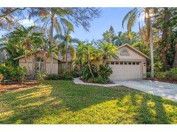 Charming home with a lush, tropical landscaped front yard and a two-car garage at 1235 Willowick Cir, Safety Harbor, FL 34695