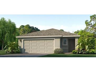 Charming single-story home with a two-car garage, manicured lawn, and lush landscaping at 17259 Whiskey Creek Trl, Parrish, FL 34219