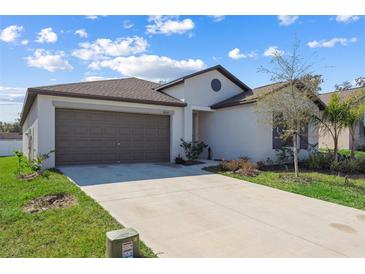 Well-maintained single-story home with gray trim, landscaped front yard and a two-car garage at 36642 Garden Wall Way, Zephyrhills, FL 33541