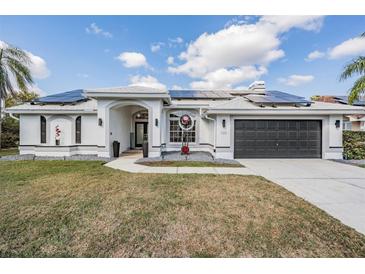 Charming home featuring solar panels, a dark garage door, and impeccable landscaping at 1123 Hounds Run, Safety Harbor, FL 34695