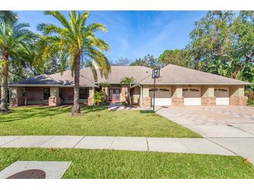 Charming one-story home with a three-car garage, brick accents, and a lush green lawn with beautiful palm trees at 70 Deerpath Dr, Oldsmar, FL 34677