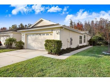 Well-manicured lawn and landscaping surround this charming single-story home with an attached two-car garage at 31031 Whitlock Dr, Wesley Chapel, FL 33543