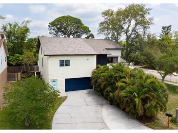Stunning home exterior featuring a blue garage door, complemented by lush tropical landscaping and a well-maintained driveway at 2003 Mcmullen Ave, Dunedin, FL 34698
