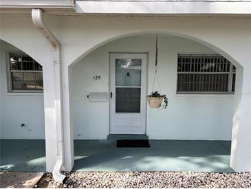Welcoming front door with a hanging plant, complemented by windows on either side at 11200 102Nd Ave # 125, Seminole, FL 33778