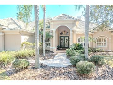 Elegant home exterior showcasing a tile roof, landscaped yard and double doors at 16331 Burniston Dr, Tampa, FL 33647