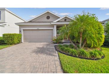 Charming single-story home with a well-maintained lawn, mature landscaping, and a brick-paved driveway leading to the garage at 17628 Breakaway St, Land O Lakes, FL 34638