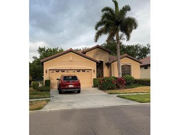 Charming single Gathering home with a two car garage, red car parked in driveway and lush landscaping at 116 Silver Falls Dr, Apollo Beach, FL 33572