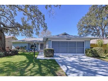 Charming single-story home featuring a spacious screened garage, lush lawn, and well-maintained landscaping at 10525 Mira Vista Dr, Port Richey, FL 34668