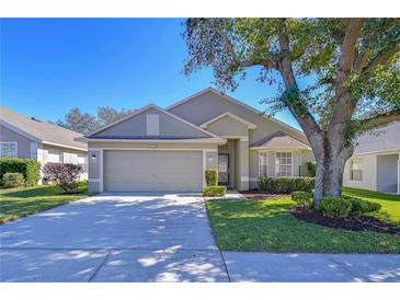 Charming single-story home with a well-manicured lawn, mature trees, and an attached two-car garage at 3133 Beaver Pond Trl, Valrico, FL 33596