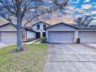 Charming townhome featuring a well-maintained lawn, mature trees, and an attached two-car garage with a wide driveway at 11212 Port Douglas Dr, New Port Richey, FL 34654