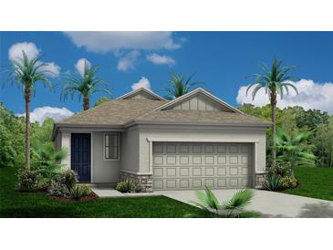 Charming single-story home with an attached two-car garage and tropical landscaping at 14466 Pioneer Ridge Dr, Hudson, FL 34667