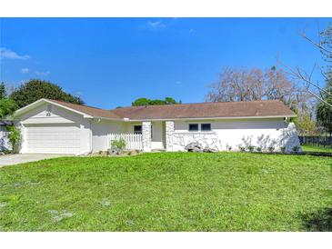 Charming single-story home featuring an attached garage and a well-maintained lawn under a clear blue sky at 3046 Lake Padgett Dr, Land O Lakes, FL 34639