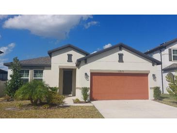 Charming single-story home features a well-manicured lawn, neutral paint, and a two-car garage at 13515 Palmera Vista Dr, Riverview, FL 33579