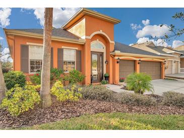 Charming single-story home featuring a terracotta facade, well-manicured landscaping, and a two-car garage at 20036 Bluff Oak Blvd, Tampa, FL 33647