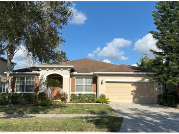 Charming single-story home with a well-manicured lawn, beautiful landscaping, and a two-car garage at 3205 Majestic View Dr, Lutz, FL 33558