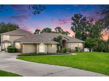 Charming single-story home featuring a well-manicured lawn and inviting curb appeal under a colorful sunset sky at 11505 Heron Hills Ln, Riverview, FL 33569