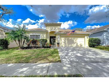 Charming one-story home featuring a well-manicured lawn, lush landscaping, and a two-car garage at 1168 Emerald Hill Way, Valrico, FL 33594