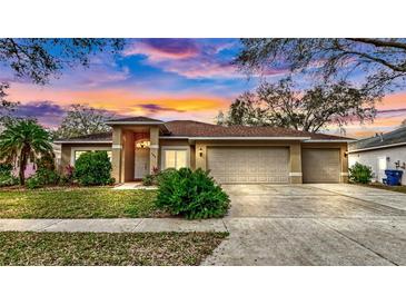Inviting single-story home featuring a well-manicured lawn and a convenient three-car garage at 140 Sage Cir, Crystal Beach, FL 34681
