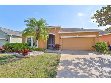 Charming single-story home with a well-manicured lawn, palm tree, and neutral-tone exterior at 715 Parker Den Dr, Ruskin, FL 33570
