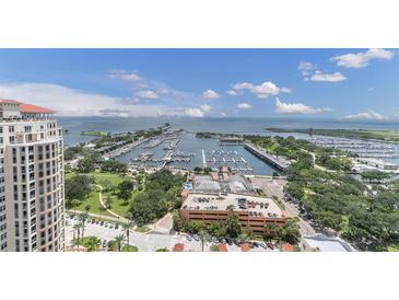 Aerial view of waterfront property with marina and city skyline at 100 1St N Ave # 2205, St Petersburg, FL 33701