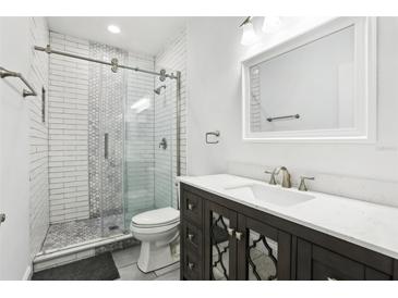 Modern bathroom features a glass shower, gray tile, and a decorative vanity at 2272 Chianti Pl # 4-0048, Palm Harbor, FL 34683