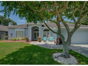 Attractive light blue house with a well-manicured lawn and mature tree at 4050 Eagle Cove East Dr, Palm Harbor, FL 34685