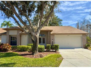 Brick house with 2-car garage, landscaping, and a tree in the front yard at 5930 Precious View Ct, New Port Richey, FL 34655