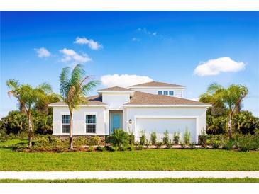 White one-story house with a two-car garage and palm trees at 10005 Zennia Ln, Parrish, FL 34219