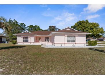 Pink single-story house with brown roof, landscaping, and a paved driveway at 9172 Horizon Dr, Spring Hill, FL 34608