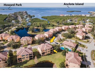 Aerial view of waterfront community with luxurious homes and private pools at 1545 Citrine Trl, Tarpon Springs, FL 34689