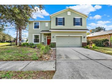 Two-story house with a green exterior, red door, and attached garage at 10724 Burning Bush Ter, Land O Lakes, FL 34638